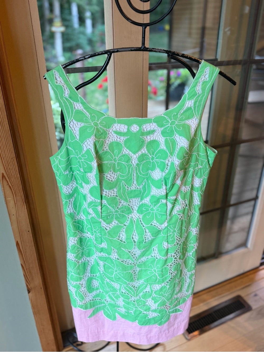 Lilly Pulitzer Capricia Green & White Floral Eyelet Lace Sheath Dress w Pink Hem